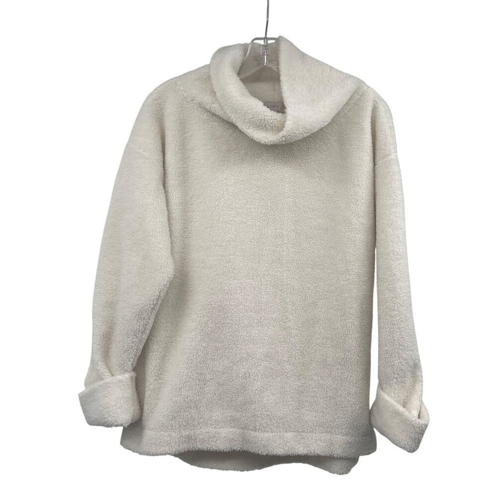 LOFT Womens Cowl Neck Fleece Top Long Cuffed Sleeve Ivory Size Small